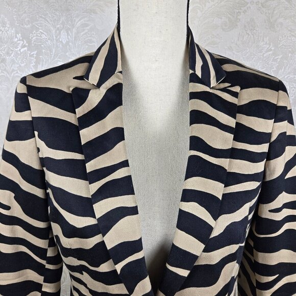 Jones New York Signature Size 4 Cream Black Animal Striped Blazer 1 Button Close - Picture 2 of 14